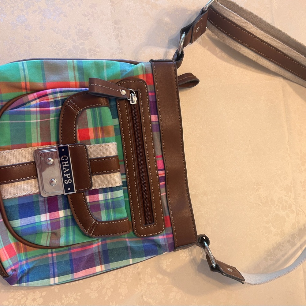 Chaps Vibrant Plaid Crossbody Bag with Brown Accents